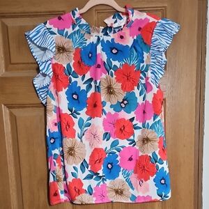 Floral Ruffle Sleeve Blouse - Multicolor